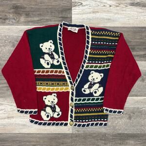 Vintage 80s 90s Heartworks Teddy Bear Red Girls M Acrylic Knit USA Made Cardigan
